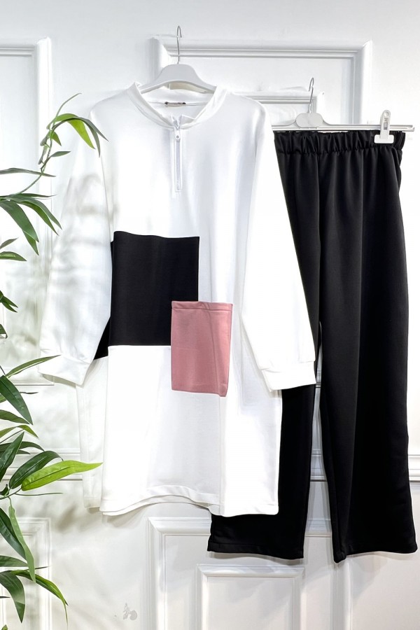 Umay Fermuarlı Cep Detaylı İki İplik İkili Penye Takım - Ekru Umay Fermuarlı Cep Detaylı İki İplik İkili Penye Takım - Ekru