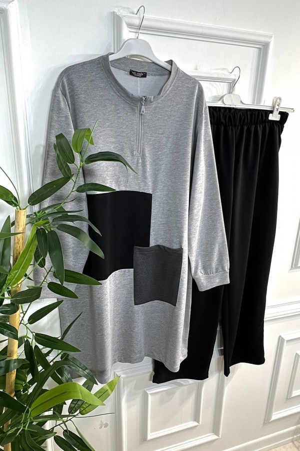 Umay Fermuarlı Cep Detaylı İki İplik İkili Penye Takım - Gri Umay Fermuarlı Cep Detaylı İki İplik İkili Penye Takım - Gri