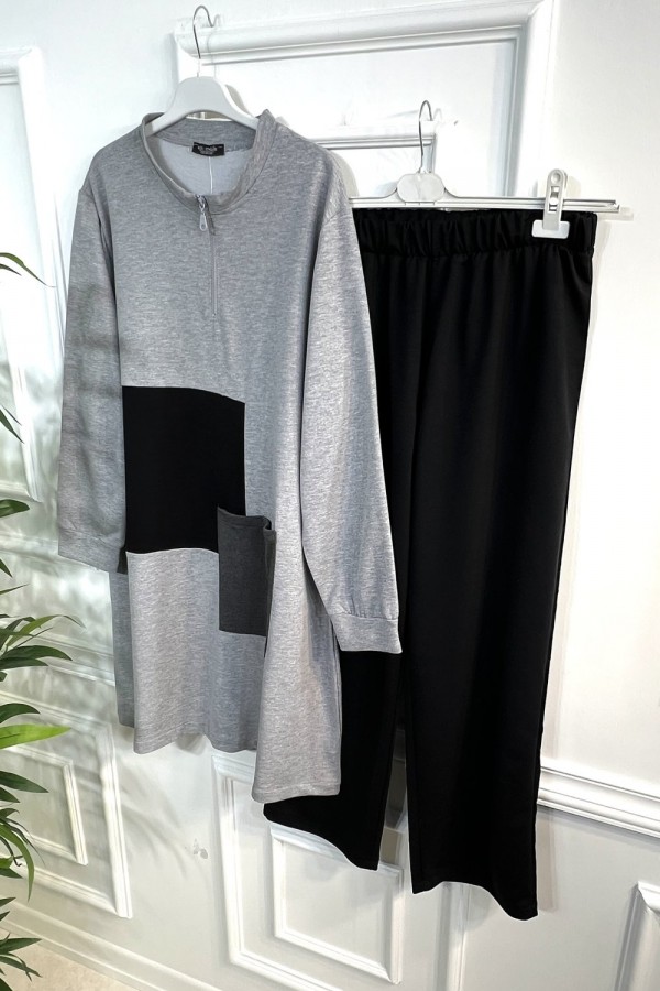 Umay Fermuarlı Cep Detaylı İki İplik İkili Penye Takım - Gri Umay Fermuarlı Cep Detaylı İki İplik İkili Penye Takım - Gri