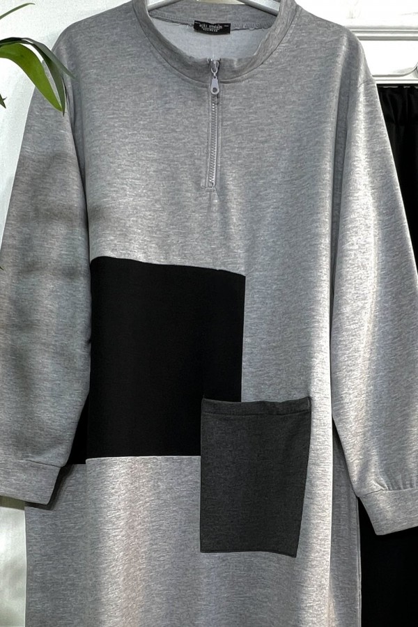 Umay Fermuarlı Cep Detaylı İki İplik İkili Penye Takım - Gri Umay Fermuarlı Cep Detaylı İki İplik İkili Penye Takım - Gri