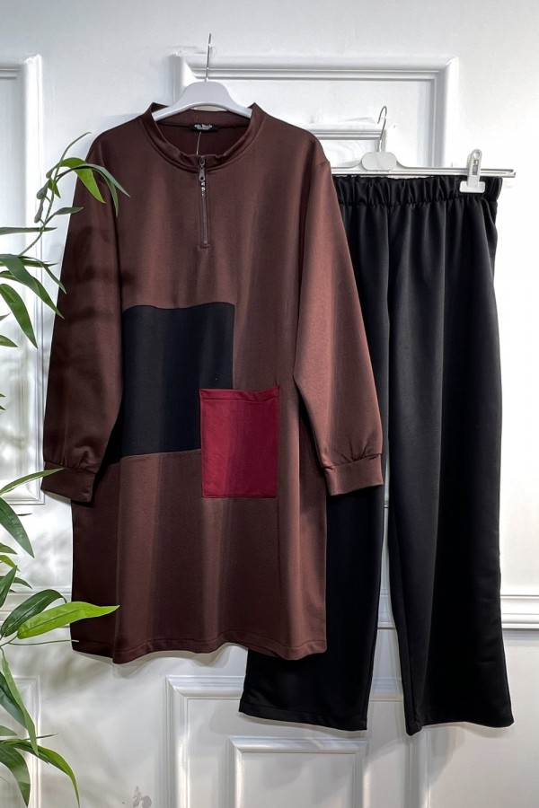 Umay Fermuarlı Cep Detaylı İki İplik İkili Penye Takım - Siyah Kahve Umay Fermuarlı Cep Detaylı İki İplik İkili Penye Takım - Siyah Kahve