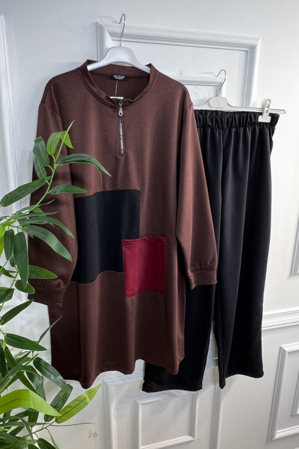 Umay Fermuarlı Cep Detaylı İki İplik İkili Penye Takım - Siyah Kahve Umay Fermuarlı Cep Detaylı İki İplik İkili Penye Takım - Siyah Kahve