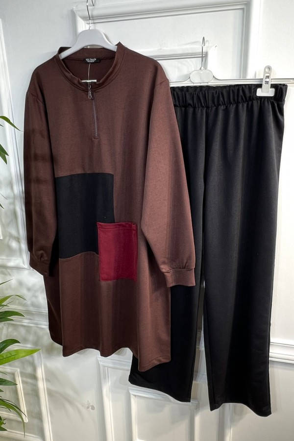 Umay Fermuarlı Cep Detaylı İki İplik İkili Penye Takım - Siyah Kahve Umay Fermuarlı Cep Detaylı İki İplik İkili Penye Takım - Siyah Kahve