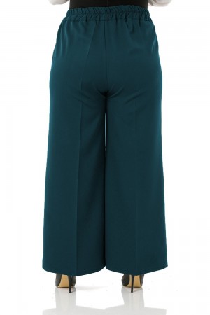 Mayra  Yan Cepli Dabıl Krep Bol Paça Pantolon - Petrol 