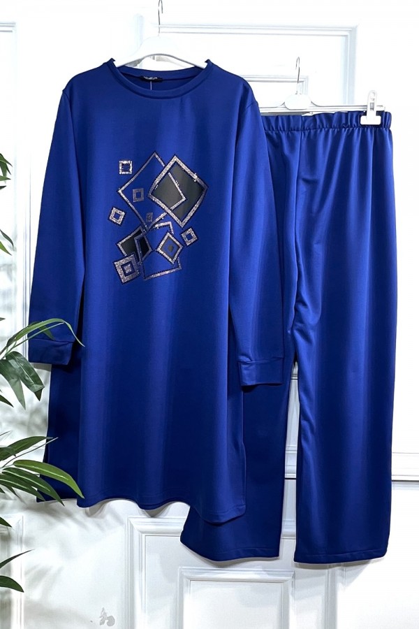 Yasmin Deri Detaylı Kare Taşlı İki İplik Penye İkili Takım - Saks Mavi Yasmin Deri Detaylı Kare Taşlı İki İplik Penye İkili Takım - Saks Mavi