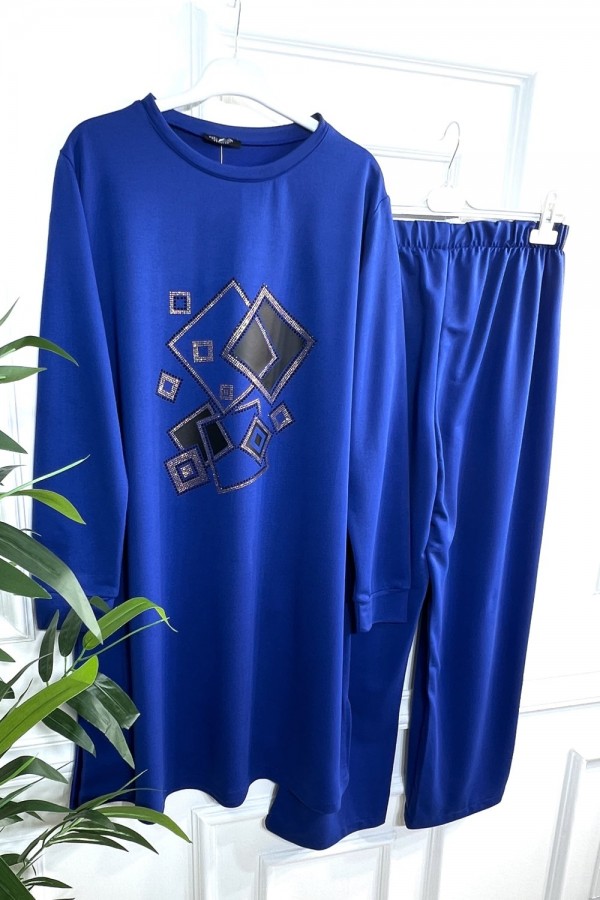 Yasmin Deri Detaylı Kare Taşlı İki İplik Penye İkili Takım - Saks Mavi Yasmin Deri Detaylı Kare Taşlı İki İplik Penye İkili Takım - Saks Mavi