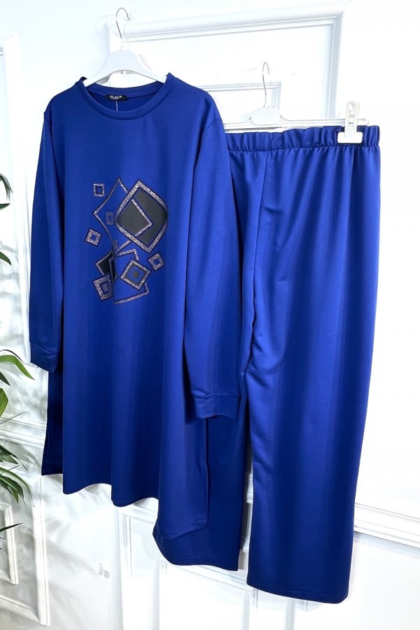 Yasmin Deri Detaylı Kare Taşlı İki İplik Penye İkili Takım - Saks Mavi Yasmin Deri Detaylı Kare Taşlı İki İplik Penye İkili Takım - Saks Mavi