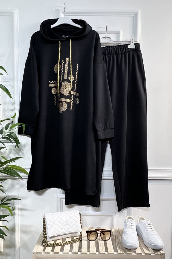 Gold Kapşonlu Taş Detaylı Penye Takım - Siyah Gold Kapşonlu Taş Detaylı Penye Takım - Siyah