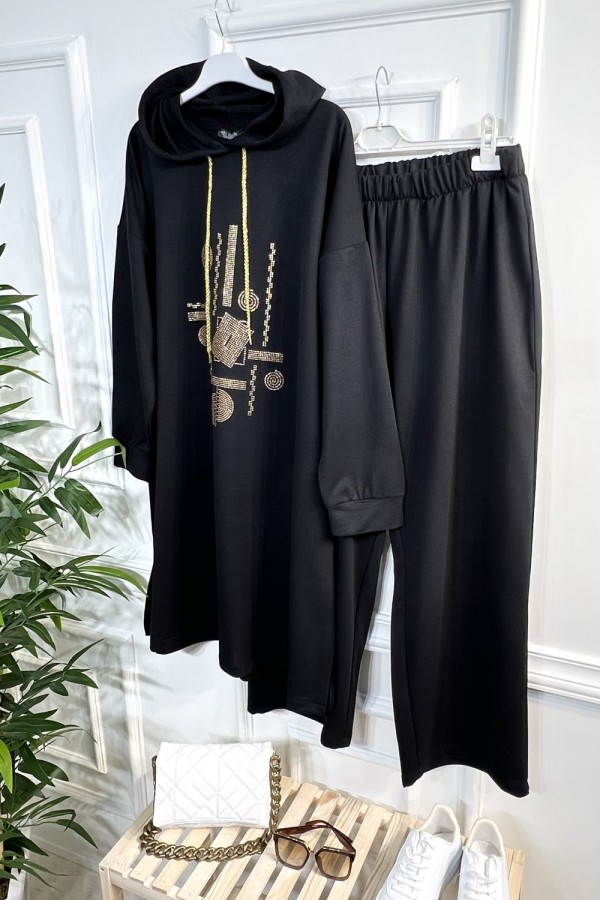 Gold Kapşonlu Taş Detaylı Penye Takım - Siyah Gold Kapşonlu Taş Detaylı Penye Takım - Siyah