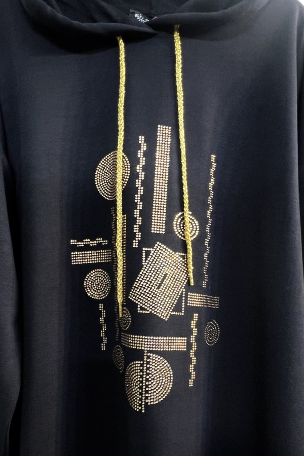 Gold Kapşonlu Taş Detaylı Penye Takım - Siyah Gold Kapşonlu Taş Detaylı Penye Takım - Siyah