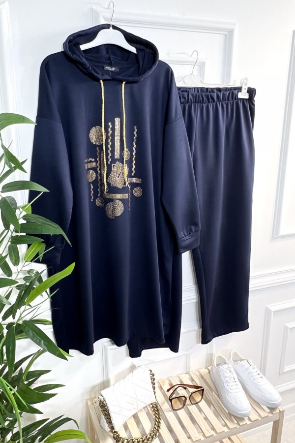 Gold Kapşonlu Taş Detaylı Penye Takım - Lacivert Gold Kapşonlu Taş Detaylı Penye Takım - Lacivert