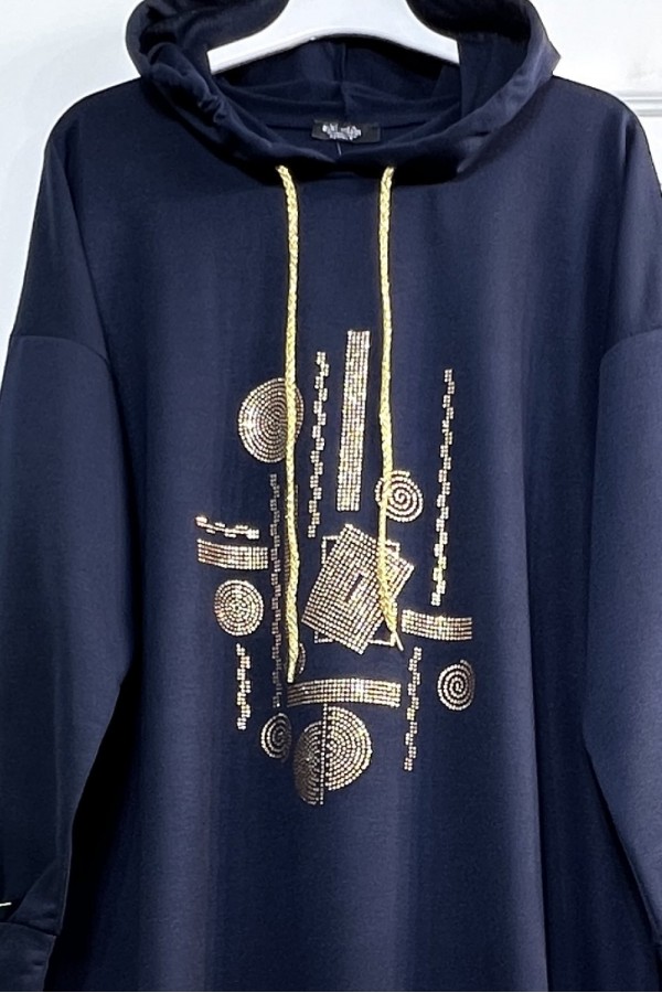 Gold Kapşonlu Taş Detaylı Penye Takım - Lacivert Gold Kapşonlu Taş Detaylı Penye Takım - Lacivert