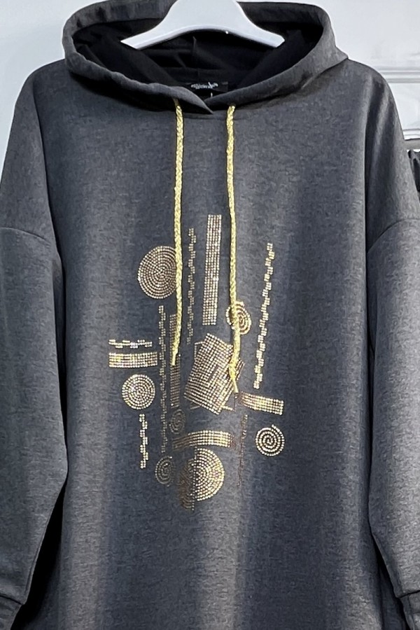 Gold Kapşonlu Taş Detaylı Penye Takım - Antrasit