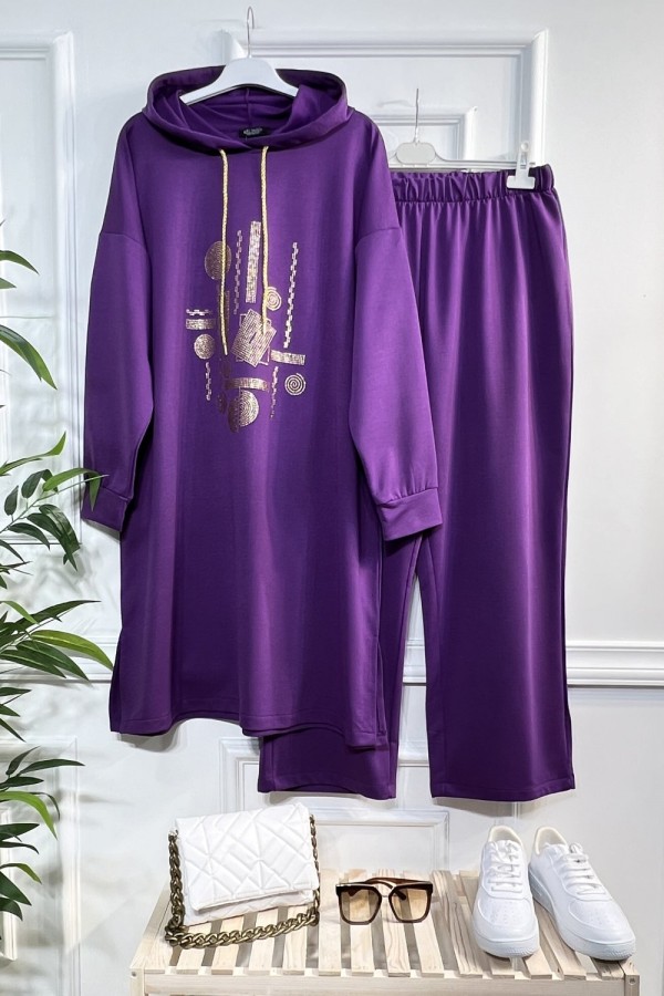 Gold Kapşonlu Taş Detaylı Penye Takım - Mor Gold Kapşonlu Taş Detaylı Penye Takım - Mor