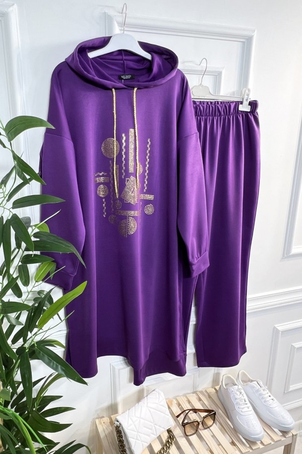 Gold Kapşonlu Taş Detaylı Penye Takım - Mor Gold Kapşonlu Taş Detaylı Penye Takım - Mor