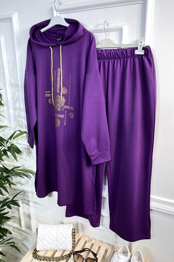 Gold Kapşonlu Taş Detaylı Penye Takım - Mor Gold Kapşonlu Taş Detaylı Penye Takım - Mor