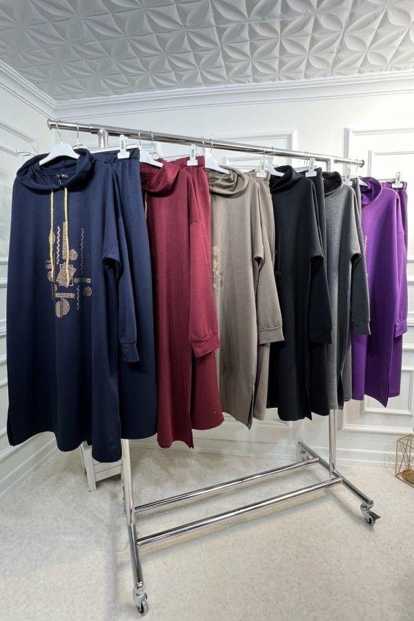 Gold Kapşonlu Taş Detaylı Penye Takım - Mor Gold Kapşonlu Taş Detaylı Penye Takım - Mor