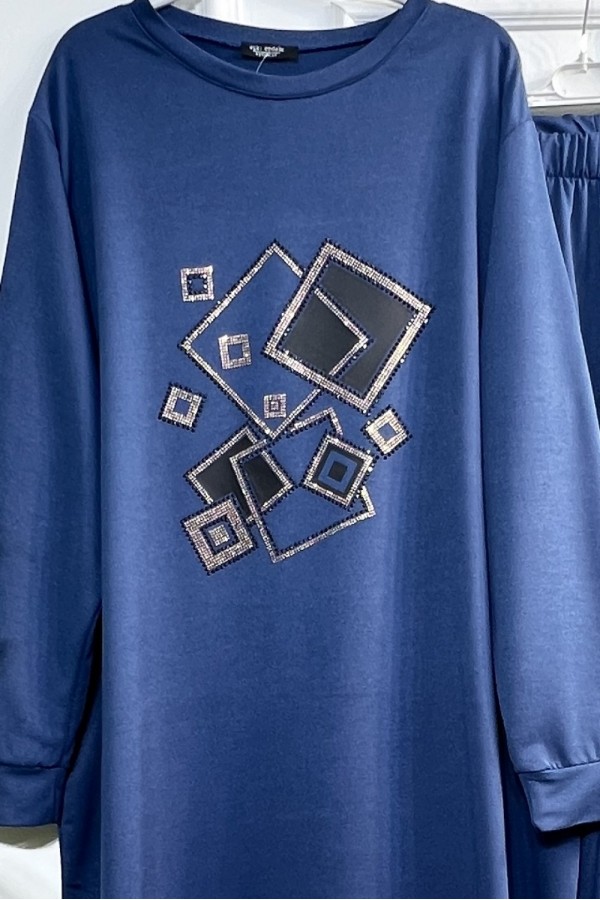 Yasmin Deri Detaylı Kare Taşlı İki İplik Penye İkili Takım - İndigo Yasmin Deri Detaylı Kare Taşlı İki İplik Penye İkili Takım - İndigo