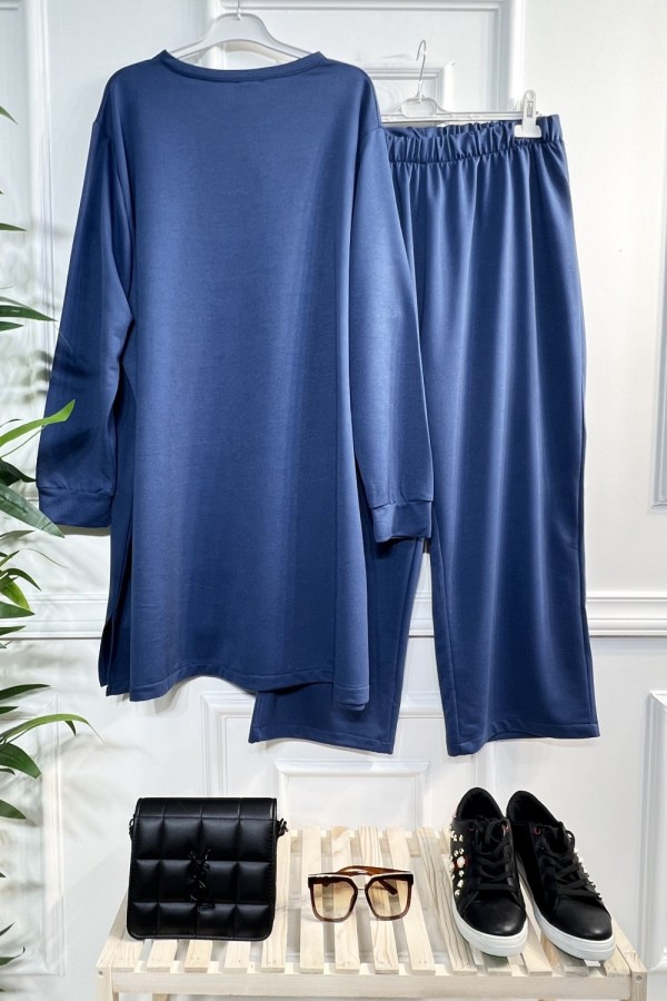 Yasmin Deri Detaylı Kare Taşlı İki İplik Penye İkili Takım - İndigo Yasmin Deri Detaylı Kare Taşlı İki İplik Penye İkili Takım - İndigo