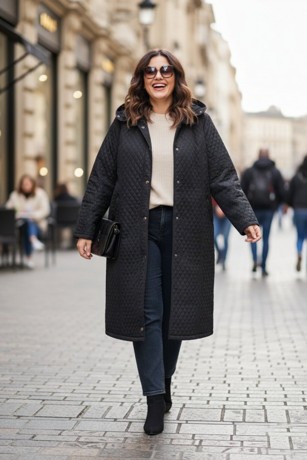 Sezen Çıkarılabilir Kapşonlu Uzun Kapitone Kaban - Siyah