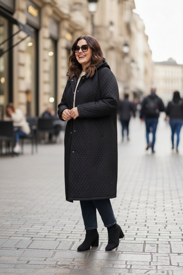 Sezen Çıkarılabilir Kapşonlu Uzun Kapitone Kaban - Siyah