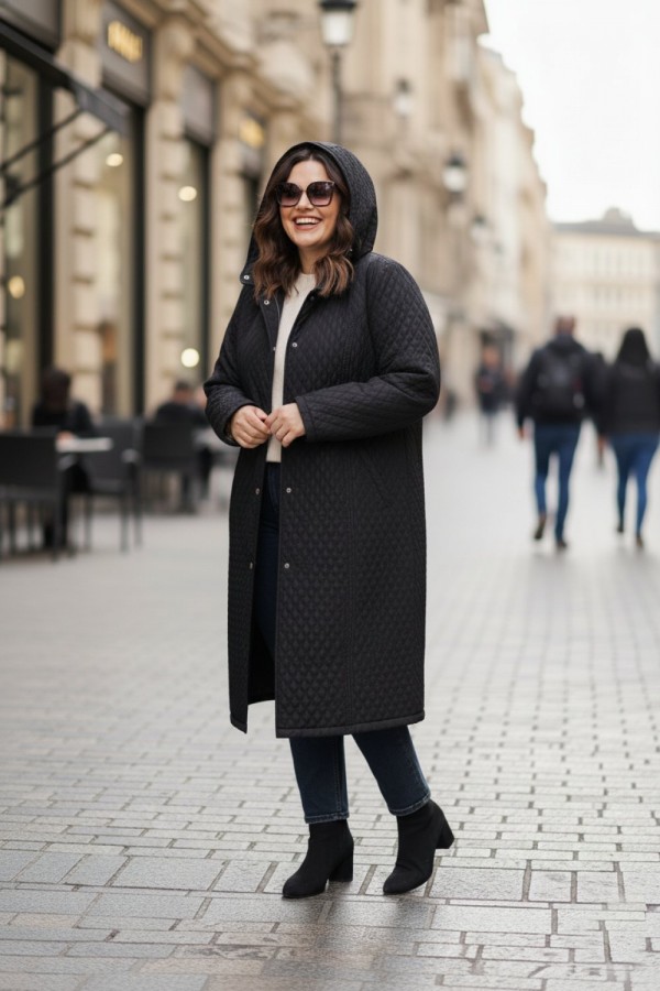 Sezen Çıkarılabilir Kapşonlu Uzun Kapitone Kaban - Siyah