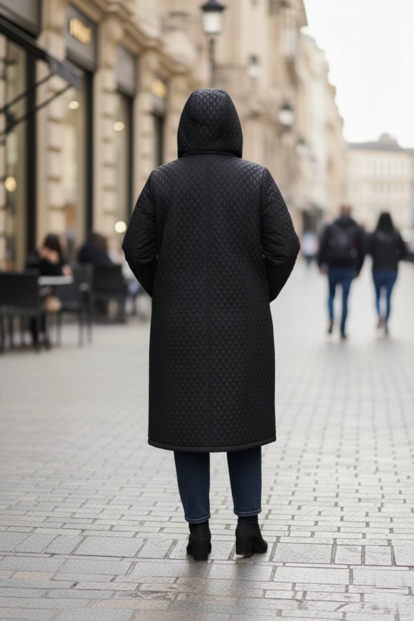 Sezen Çıkarılabilir Kapşonlu Uzun Kapitone Kaban - Siyah