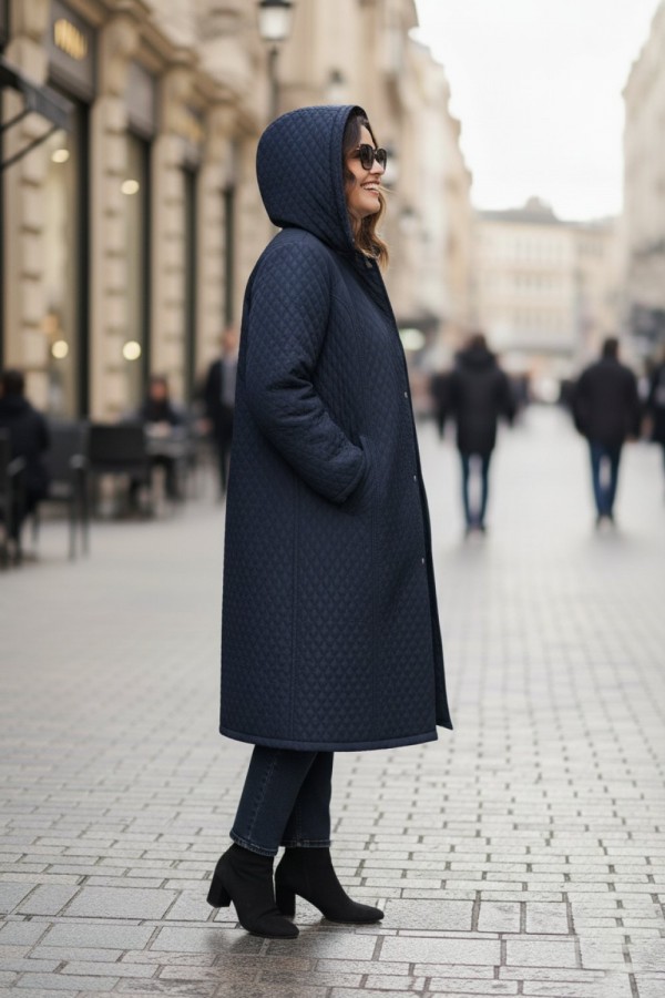 Sezen Çıkarılabilir Kapşonlu Uzun Kapitone Kaban - Lacivert