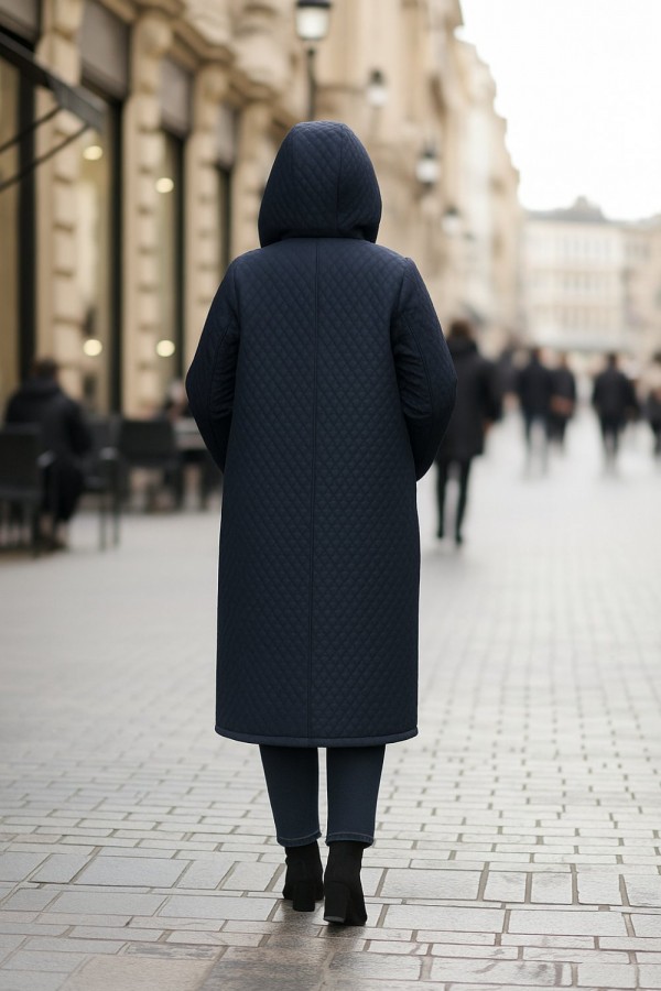 Sezen Çıkarılabilir Kapşonlu Uzun Kapitone Kaban - Lacivert