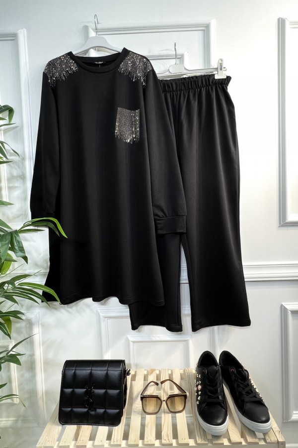 Esved Taş Detaylı Penye İkili Takım - Siyah Esved Taş Detaylı Penye İkili Takım - Siyah