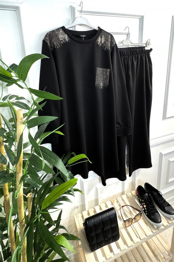 Esved Taş Detaylı Penye İkili Takım - Siyah Esved Taş Detaylı Penye İkili Takım - Siyah