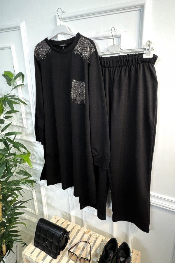 Esved Taş Detaylı Penye İkili Takım - Siyah Esved Taş Detaylı Penye İkili Takım - Siyah