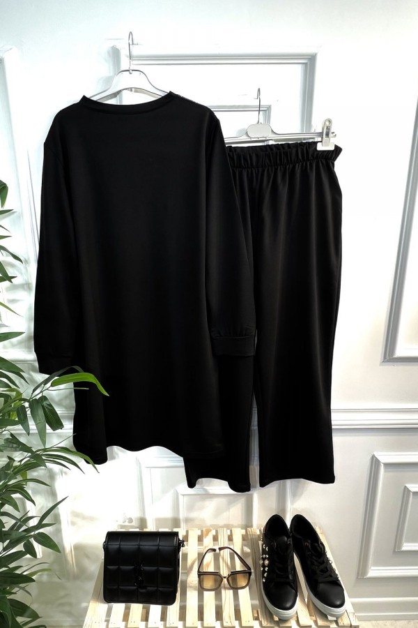 Esved Taş Detaylı Penye İkili Takım - Siyah Esved Taş Detaylı Penye İkili Takım - Siyah