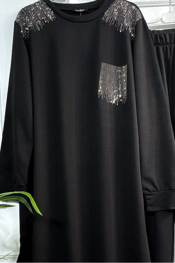 Esved Taş Detaylı Penye İkili Takım - Siyah Esved Taş Detaylı Penye İkili Takım - Siyah