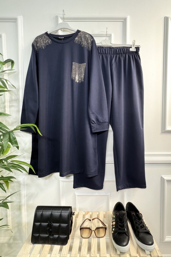 Esved Taş Detaylı Penye İkili Takım - Lacivert Esved Taş Detaylı Penye İkili Takım - Lacivert