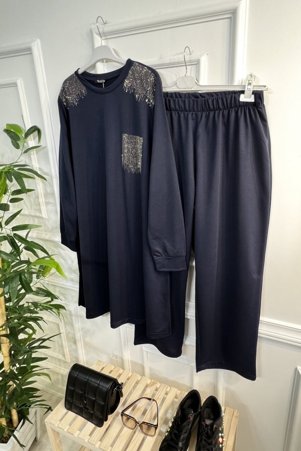 Esved Taş Detaylı Penye İkili Takım - Lacivert Esved Taş Detaylı Penye İkili Takım - Lacivert