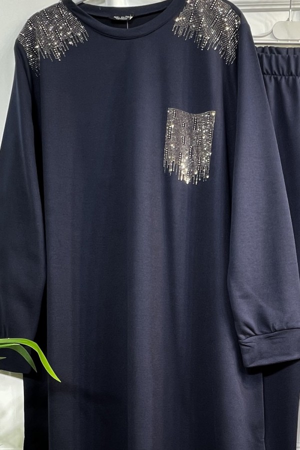 Esved Taş Detaylı Penye İkili Takım - Lacivert Esved Taş Detaylı Penye İkili Takım - Lacivert