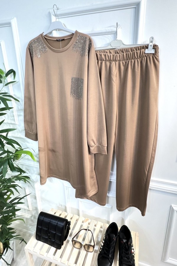 Esved Taş Detaylı Penye İkili Takım - Vizon Esved Taş Detaylı Penye İkili Takım - Vizon