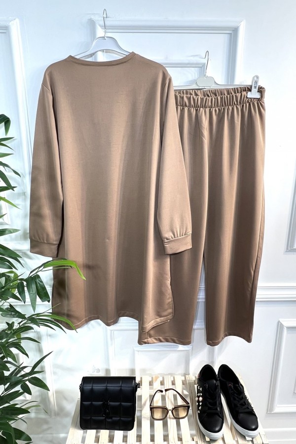 Esved Taş Detaylı Penye İkili Takım - Vizon Esved Taş Detaylı Penye İkili Takım - Vizon