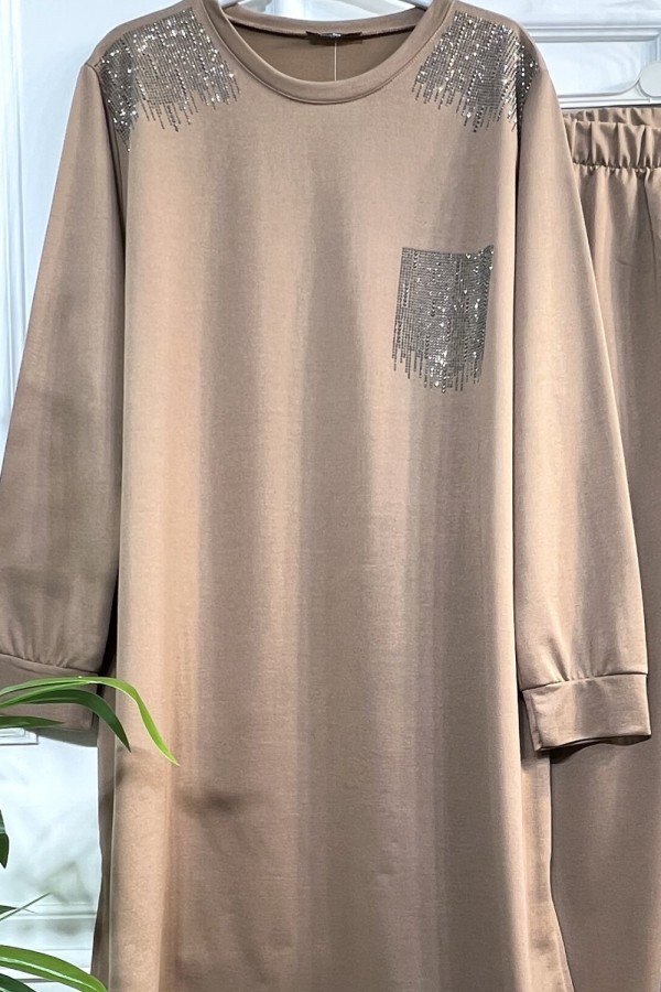 Esved Taş Detaylı Penye İkili Takım - Vizon Esved Taş Detaylı Penye İkili Takım - Vizon