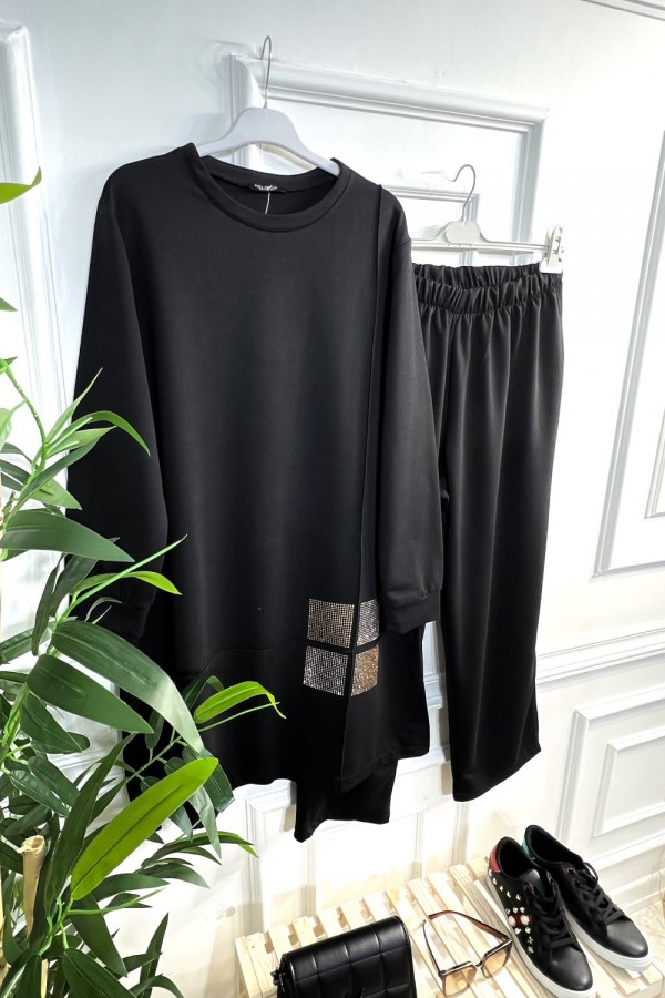 Kare Taş Detaylı Penye İkili Takım - Siyah Kare Taş Detaylı Penye İkili Takım - Siyah