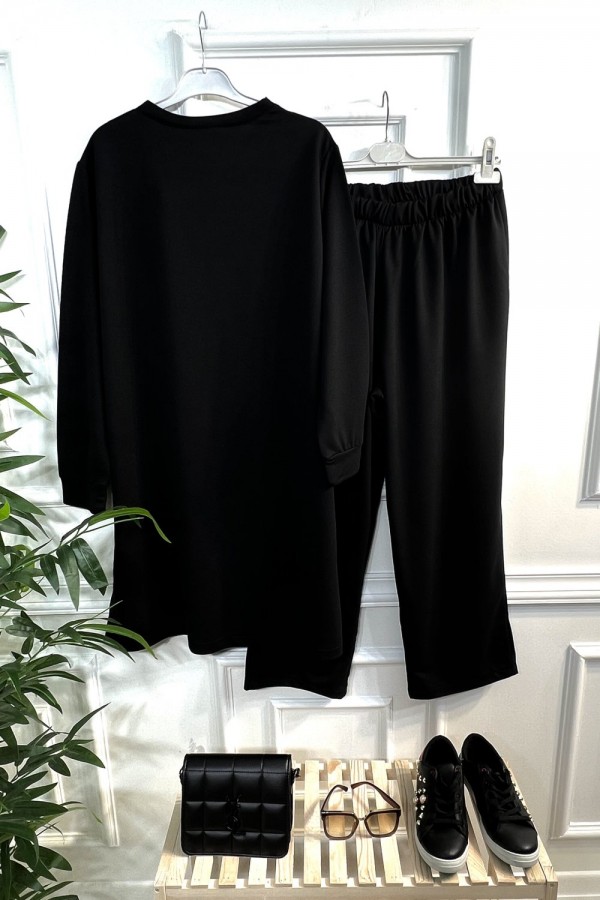 Kare Taş Detaylı Penye İkili Takım - Siyah Kare Taş Detaylı Penye İkili Takım - Siyah