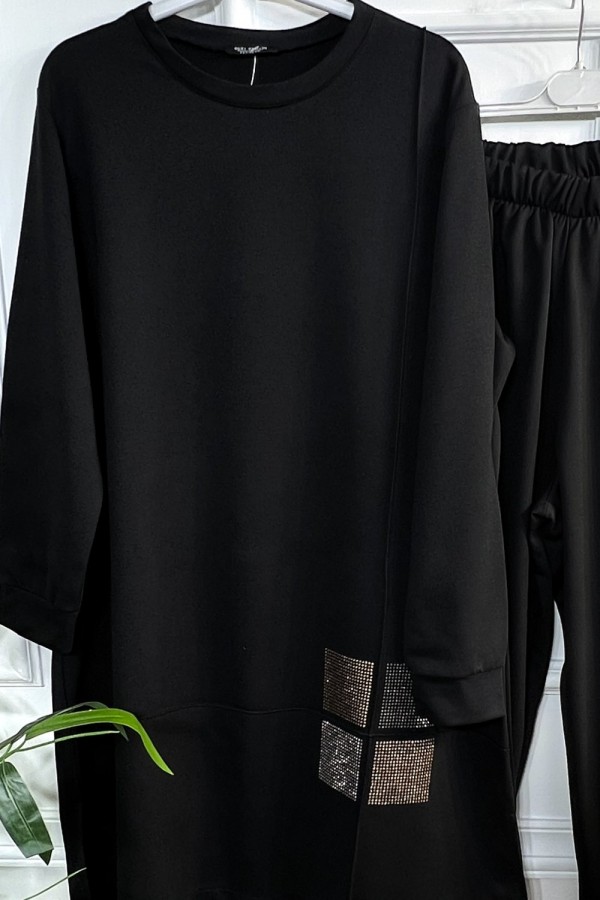 Kare Taş Detaylı Penye İkili Takım - Siyah Kare Taş Detaylı Penye İkili Takım - Siyah