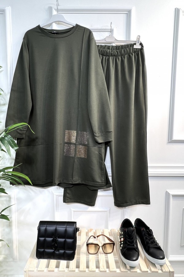 Kare Taş Detaylı Penye İkili Takım - Haki Kare Taş Detaylı Penye İkili Takım - Haki