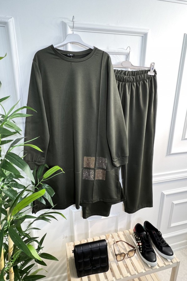 Kare Taş Detaylı Penye İkili Takım - Haki Kare Taş Detaylı Penye İkili Takım - Haki