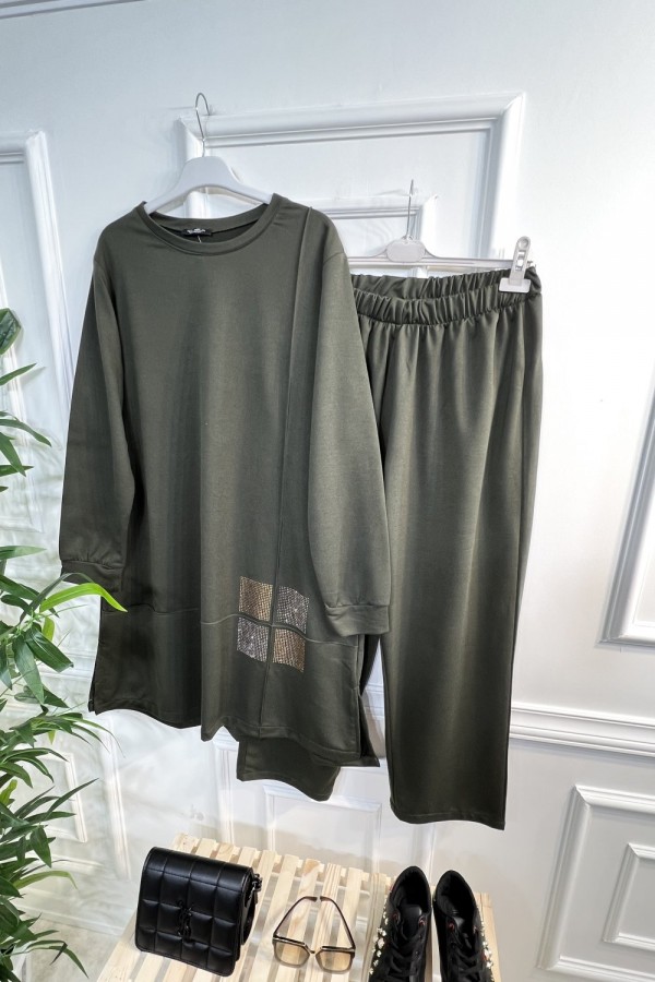 Kare Taş Detaylı Penye İkili Takım - Haki Kare Taş Detaylı Penye İkili Takım - Haki