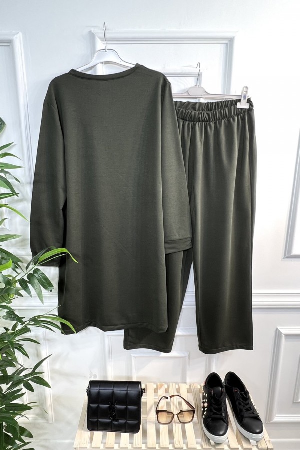 Kare Taş Detaylı Penye İkili Takım - Haki Kare Taş Detaylı Penye İkili Takım - Haki