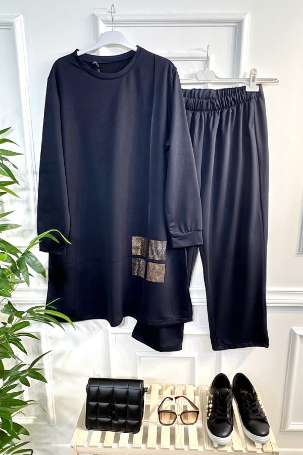 Kare Taş Detaylı Penye İkili Takım - Lacivert Kare Taş Detaylı Penye İkili Takım - Lacivert