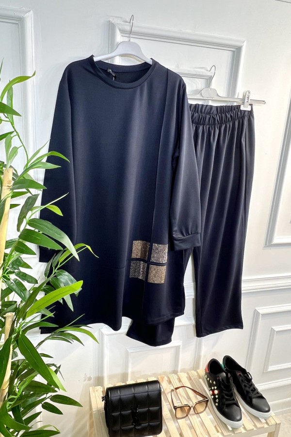 Kare Taş Detaylı Penye İkili Takım - Lacivert Kare Taş Detaylı Penye İkili Takım - Lacivert