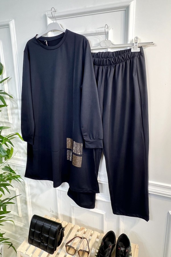 Kare Taş Detaylı Penye İkili Takım - Lacivert Kare Taş Detaylı Penye İkili Takım - Lacivert